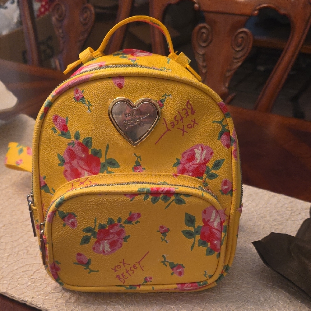 Betsey Johnson Yellow Floral Backpack with Matching Wallet/ Clutch